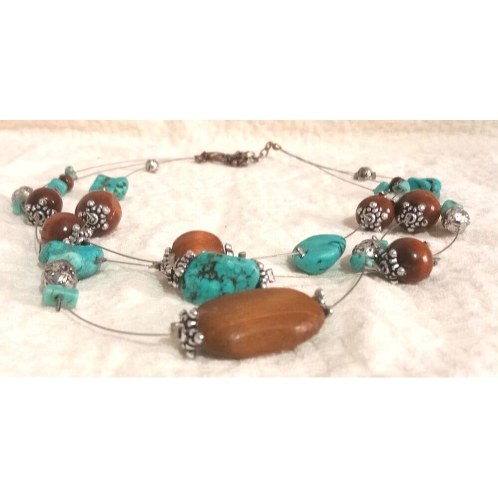 Necklace Floating Multi-strand Flux Turquoise Wood Silver Beads Adjustable